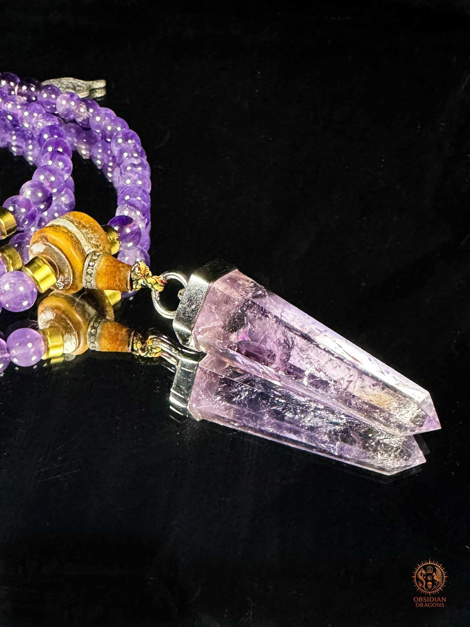 Mala en améthyste 108 perles – pointe amétrine et Sak Yant | obsidian dragons