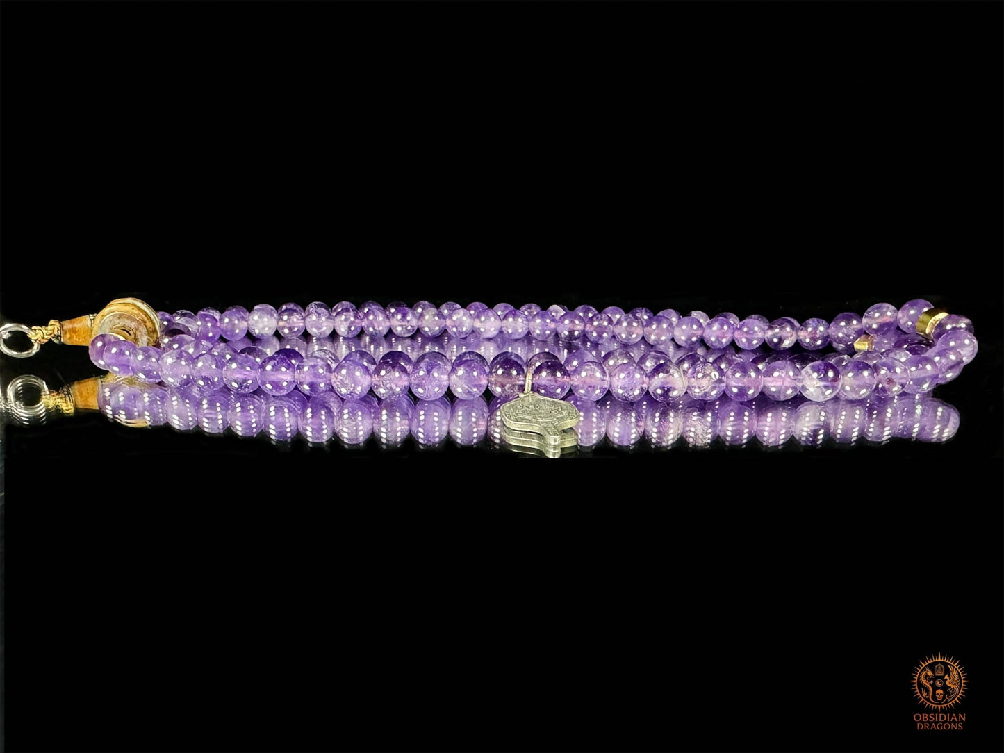Mala en améthyste 108 perles – pointe amétrine et Sak Yant | obsidian dragons
