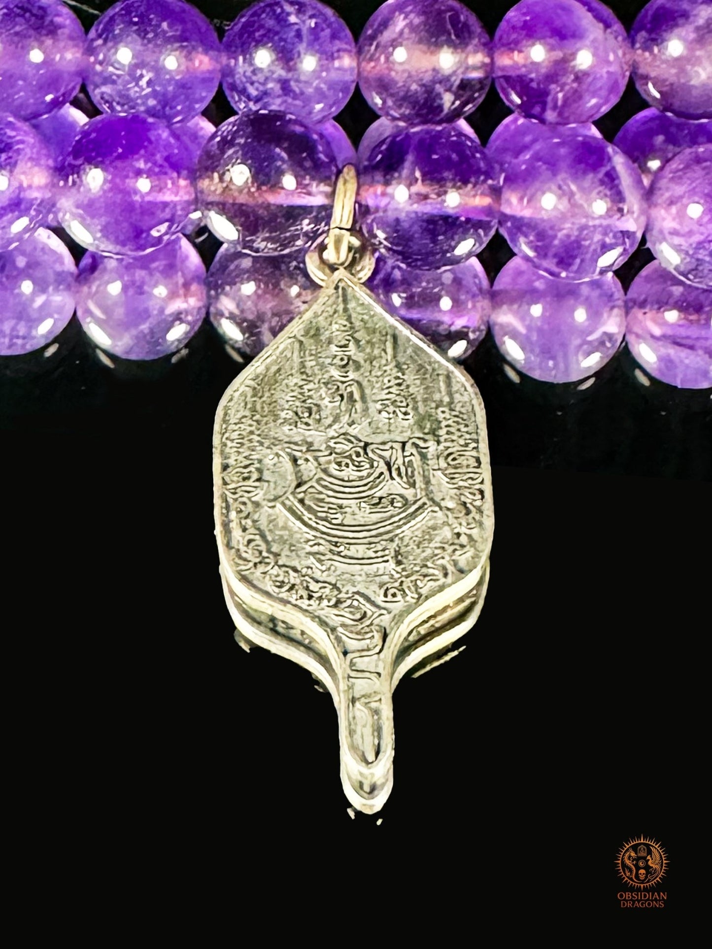 Mala en améthyste 108 perles – pointe amétrine et Sak Yant | obsidian dragons