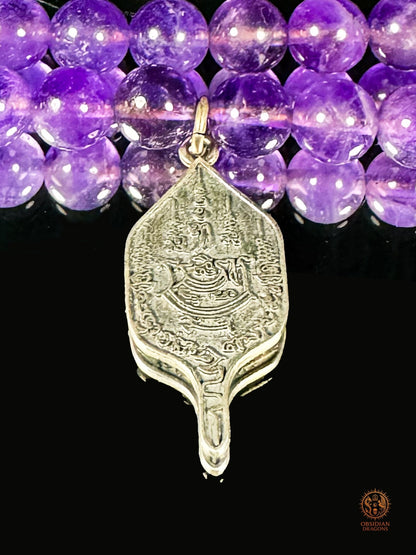Mala en améthyste 108 perles – pointe amétrine et Sak Yant | obsidian dragons
