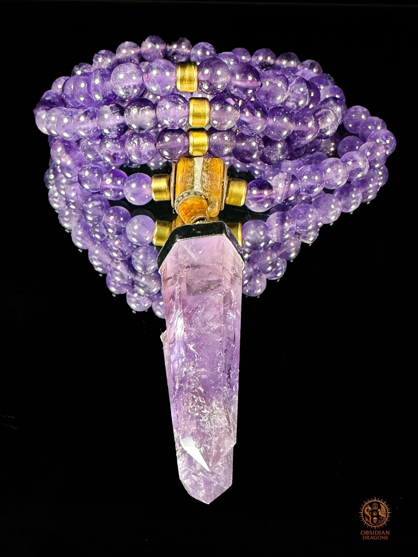 Mala en améthyste 108 perles – pointe amétrine et Sak Yant | obsidian dragons