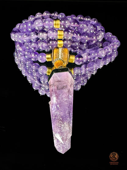 Mala en améthyste 108 perles – pointe amétrine et Sak Yant | obsidian dragons