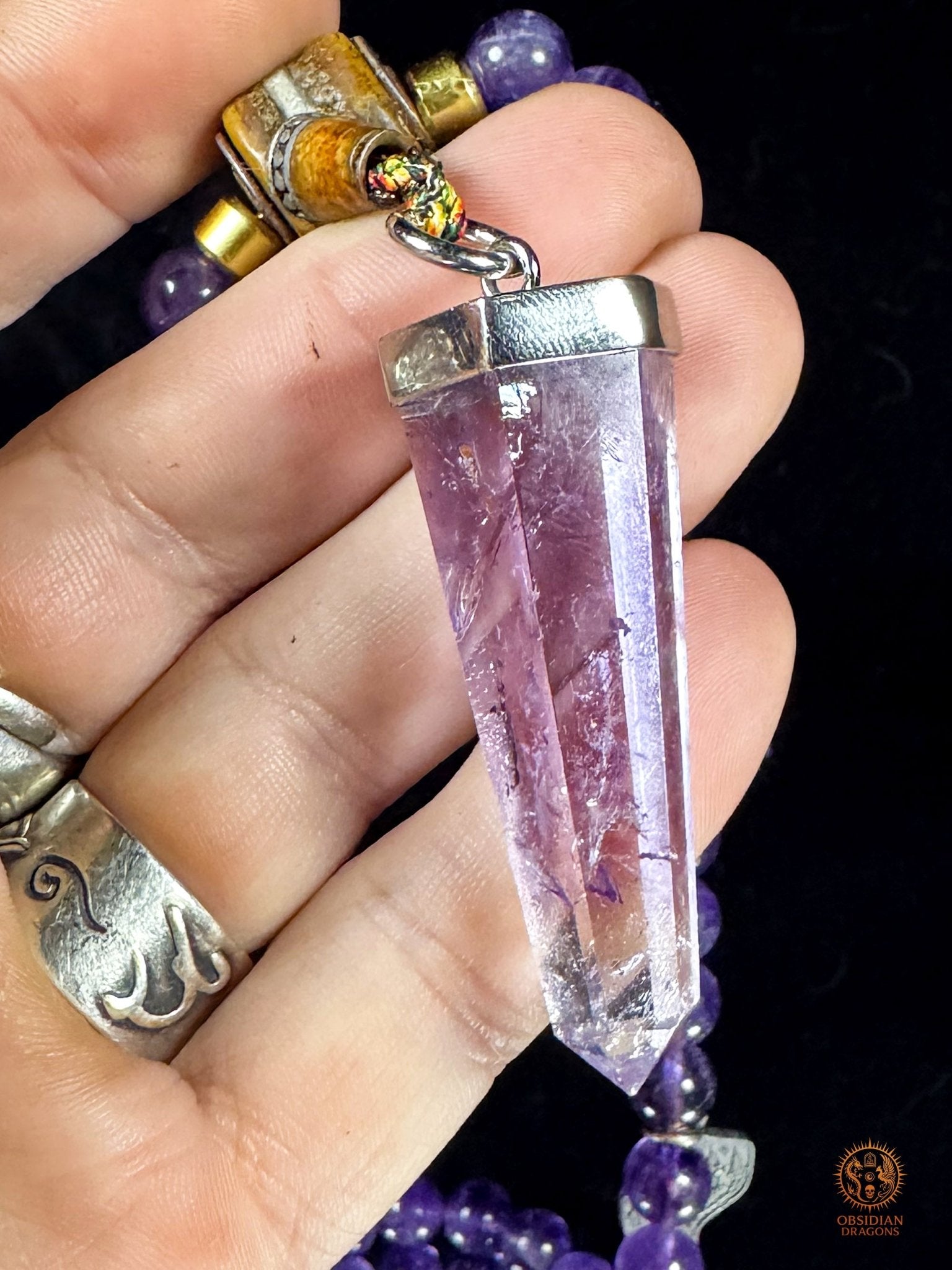 Mala en améthyste 108 perles – pointe amétrine et Sak Yant | obsidian dragons