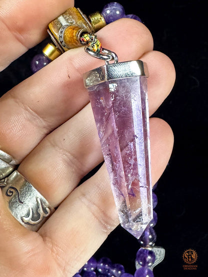 Mala en améthyste 108 perles – pointe amétrine et Sak Yant | obsidian dragons