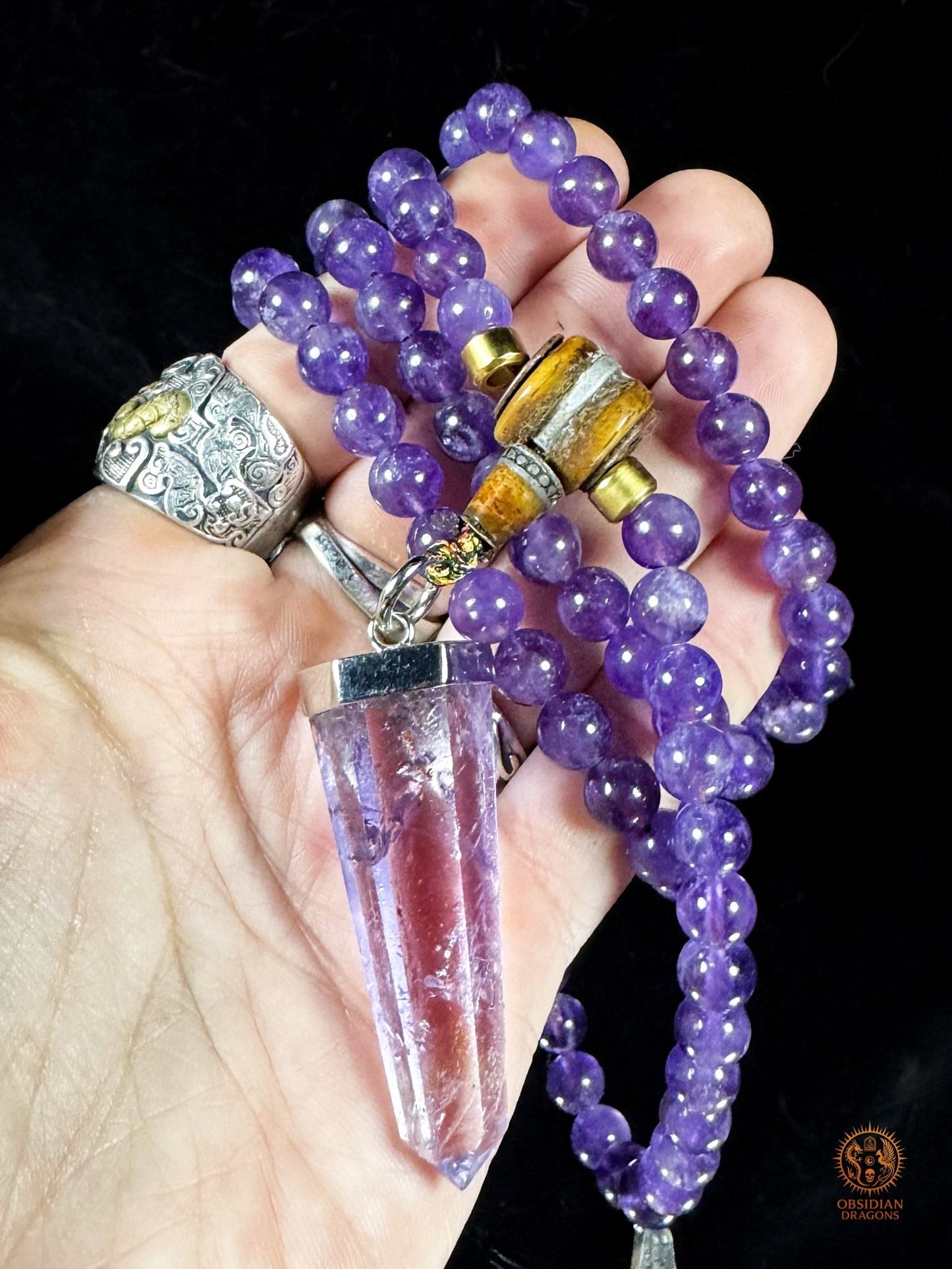 Mala en améthyste 108 perles – pointe amétrine et Sak Yant - obsidian dragons