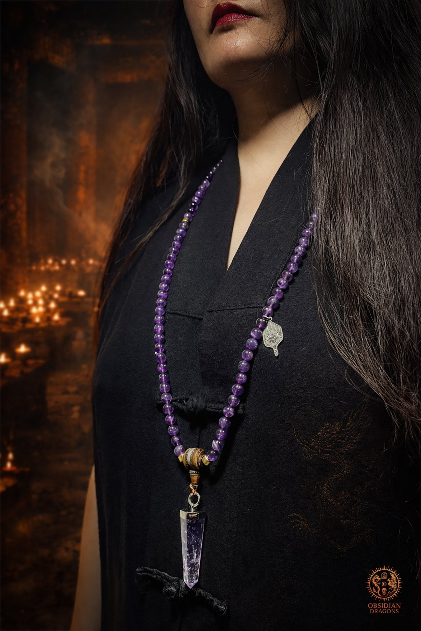 Mala en améthyste 108 perles – pointe amétrine et Sak Yant | obsidian dragons