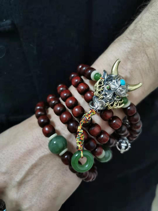 mala Hannya demon japonais, chapelet bouddhiste. 108 perles de santal rouge qualite de collection, argent 925, turquoise, grenat tsavorite - obsidian dragon