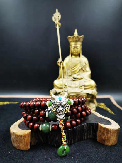 mala Hannya demon japonais, chapelet bouddhiste. 108 perles de santal rouge qualite de collection, argent 925, turquoise, grenat tsavorite - obsidian dragon