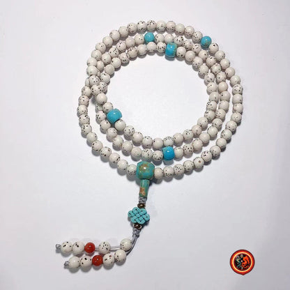 Mala, chapelet bouddhiste, 108 graines de pipal appelées également graines de Bodhi (ficus religiosa), turquoise, agate dite nan hong. - obsidian dragon