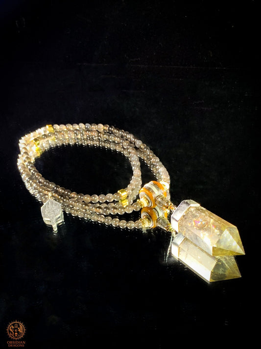 mala en obsidienne - Pointe de citrine - Protection Sak yant | obsidian dragons