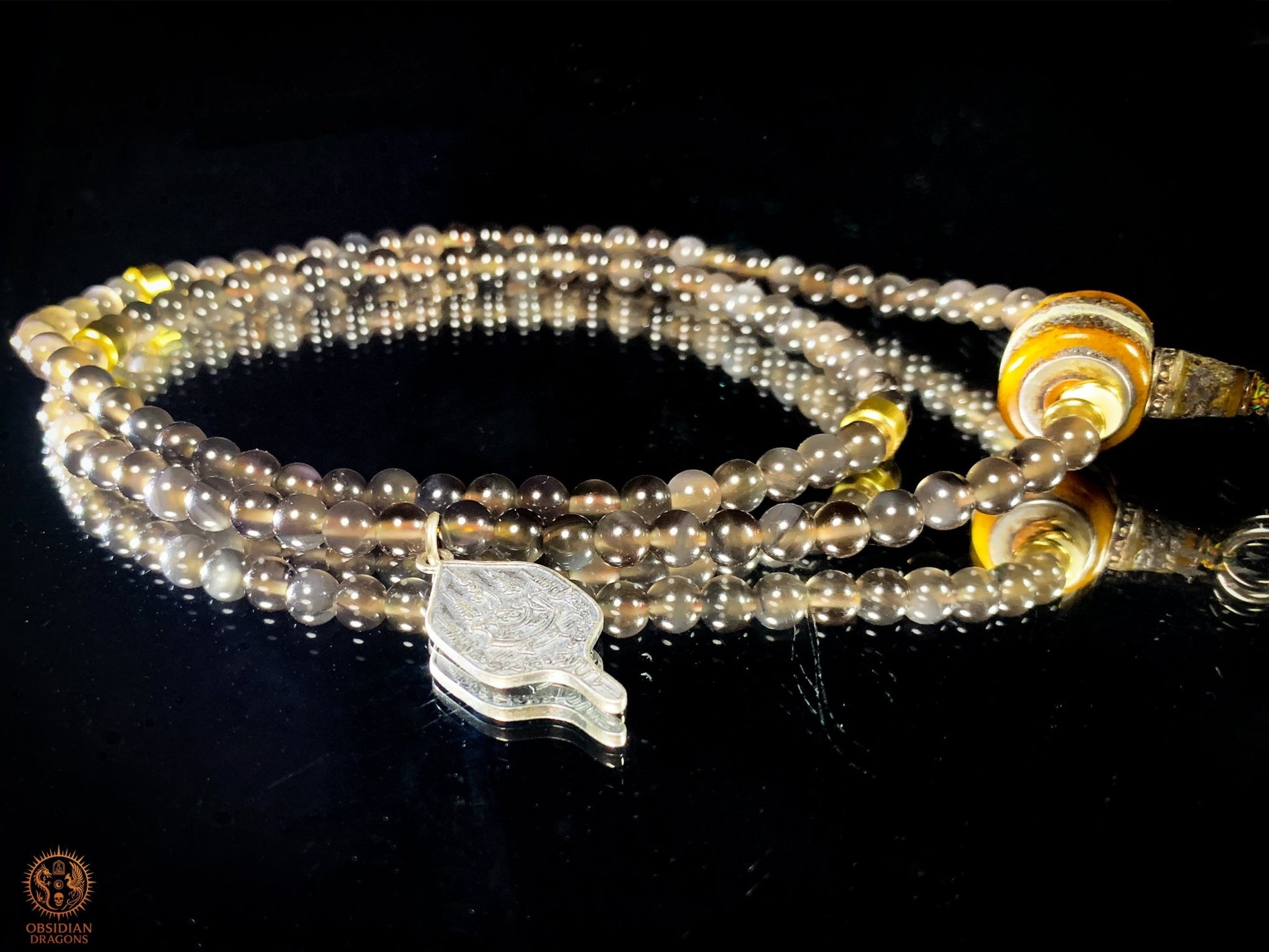mala en obsidienne - Pointe de citrine - Protection Sak yant | obsidian dragons
