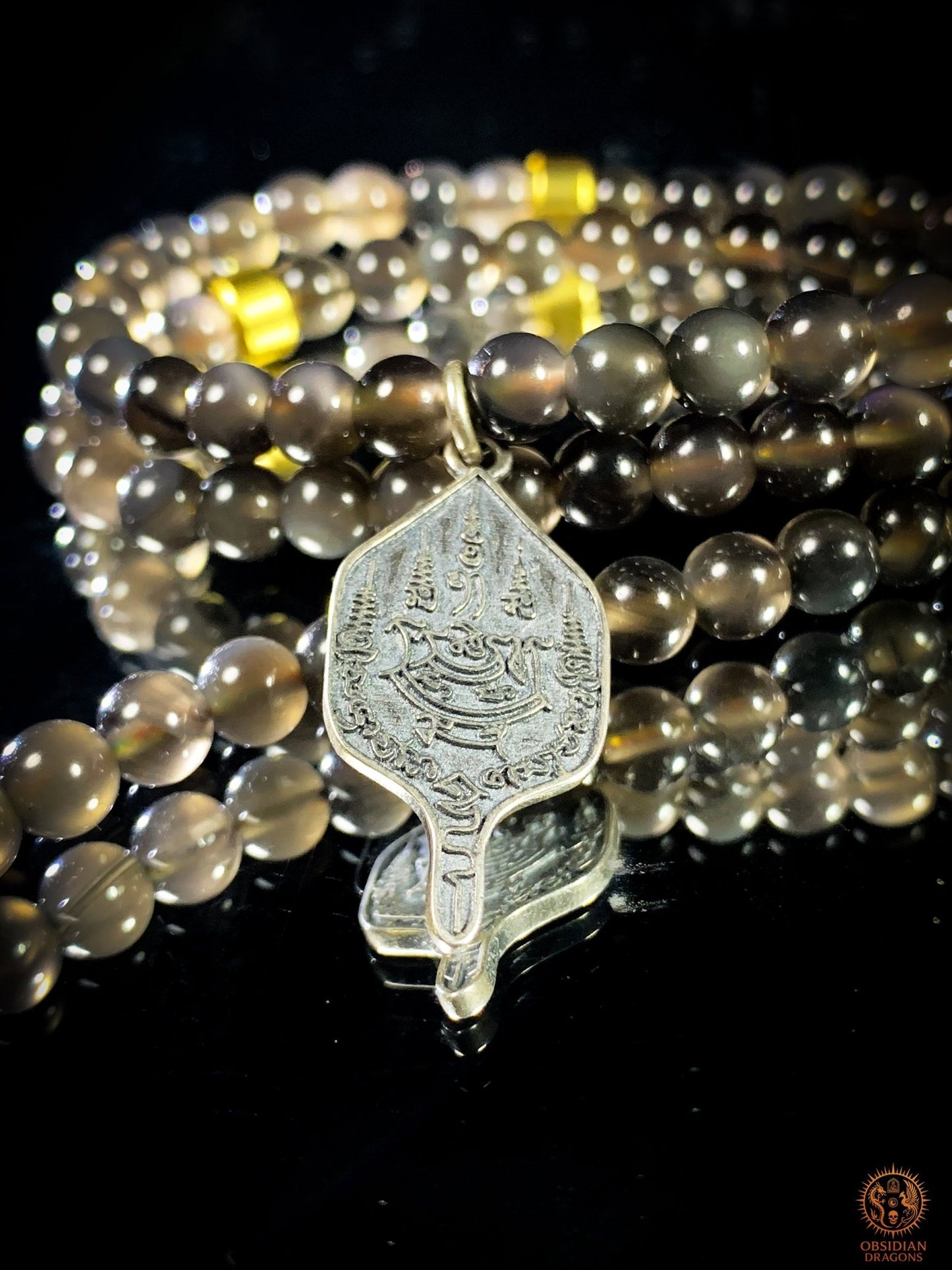 mala en obsidienne - Pointe de citrine - Protection Sak yant | obsidian dragons