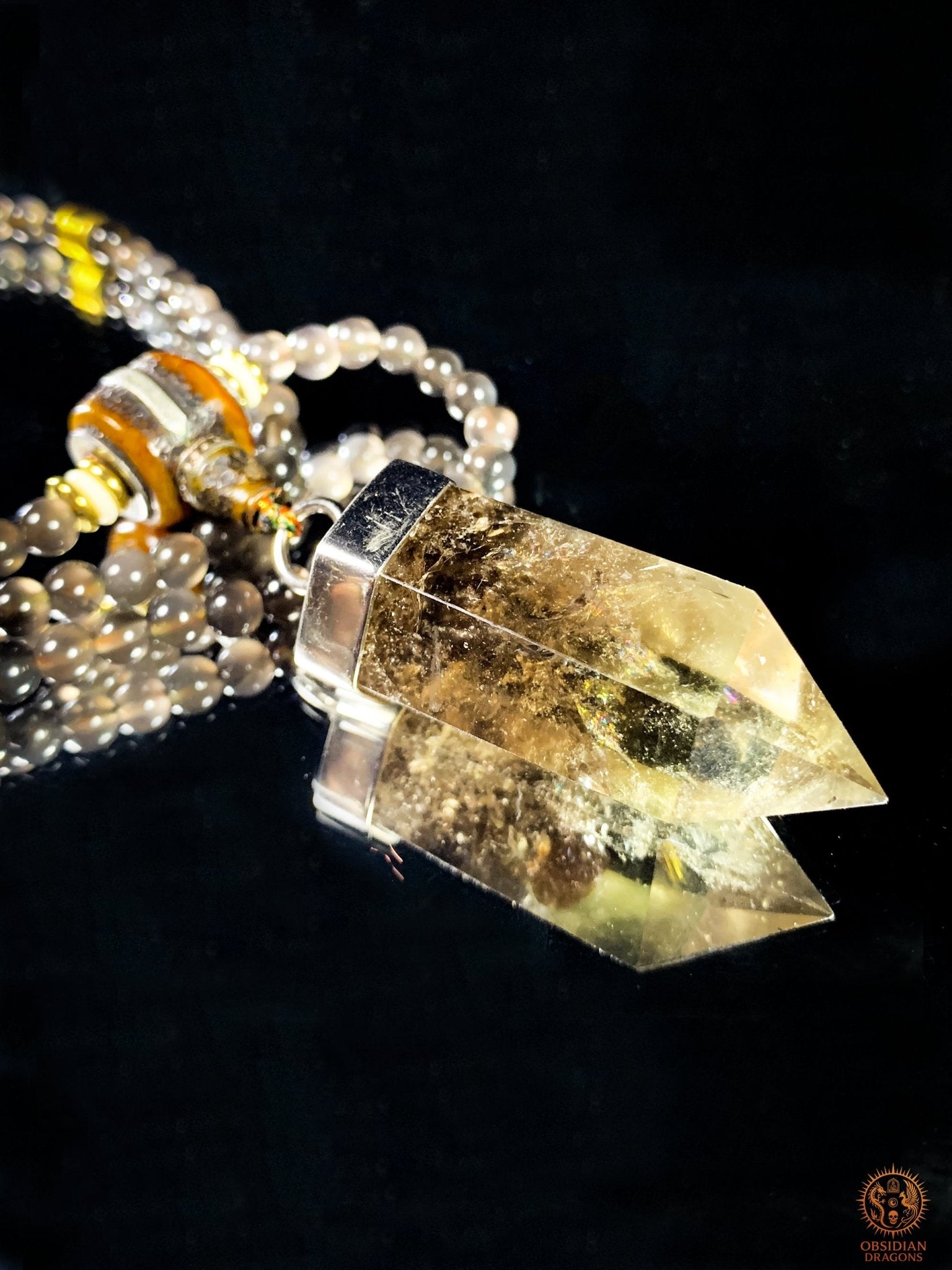 mala en obsidienne - Pointe de citrine - Protection Sak yant | obsidian dragons