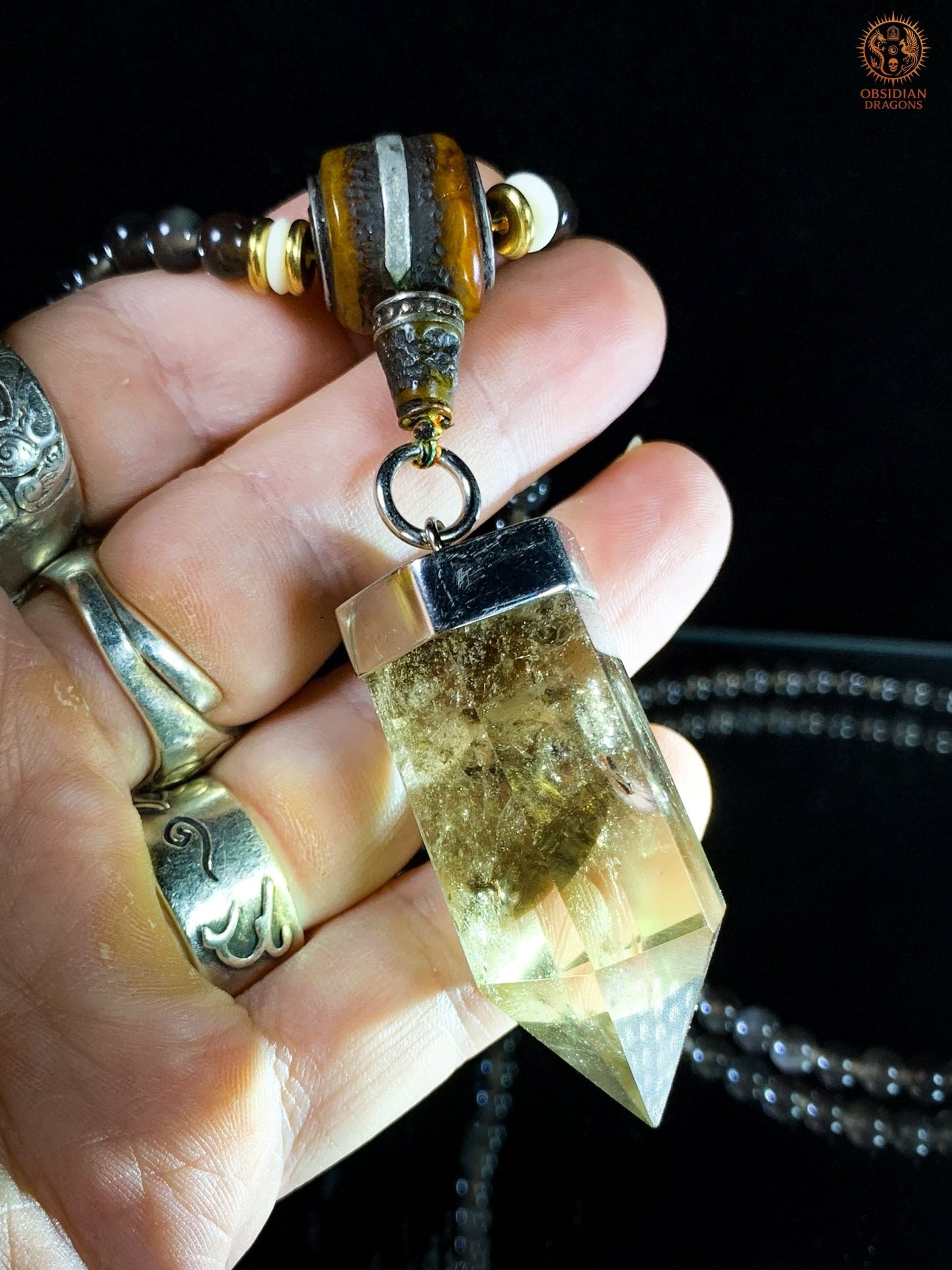 mala en obsidienne - Pointe de citrine - Protection Sak yant | obsidian dragons
