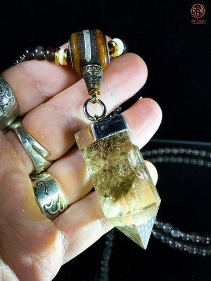 mala en obsidienne - Pointe de citrine - Protection Sak yant | obsidian dragons