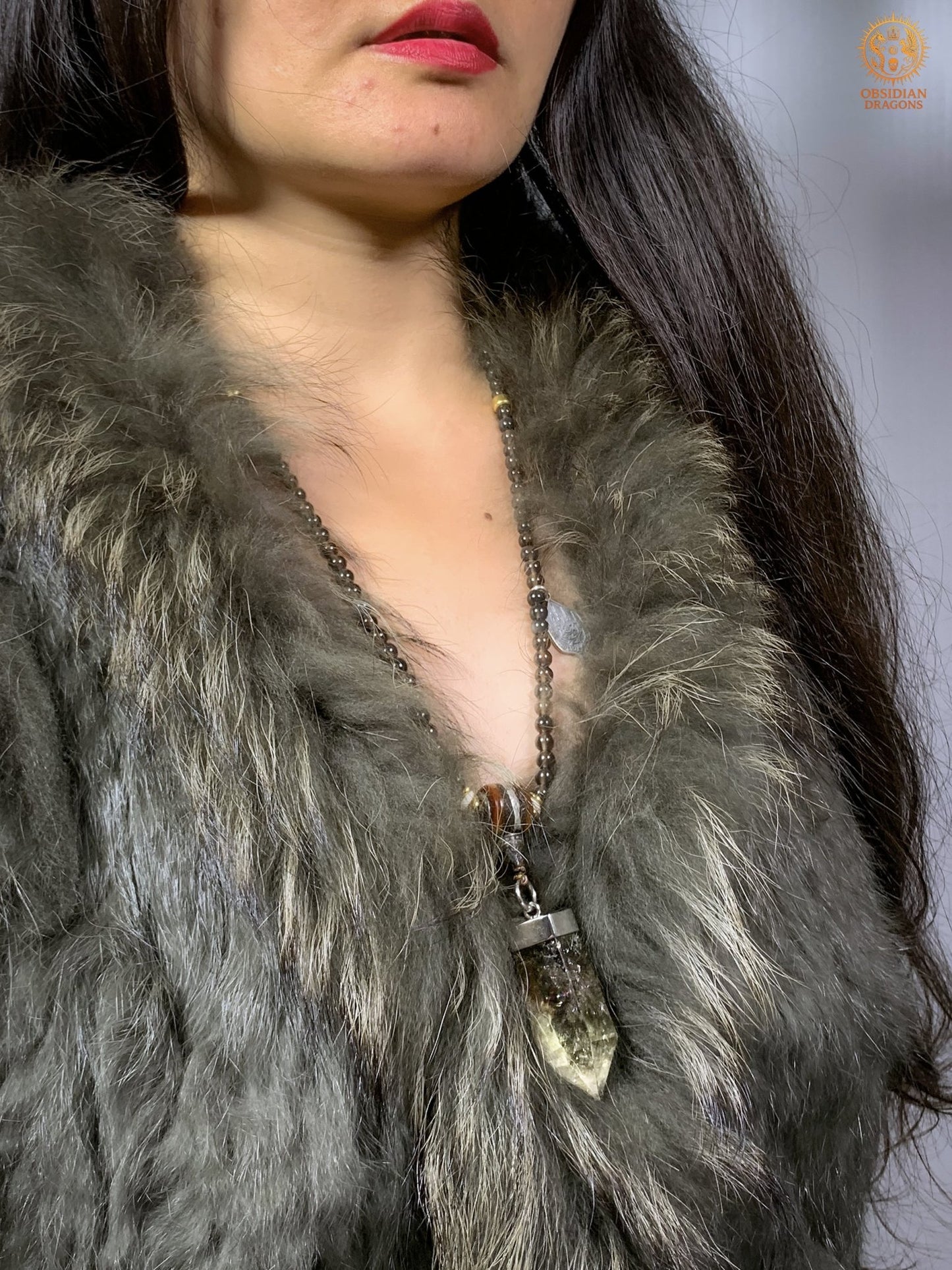 mala en obsidienne - Pointe de citrine - Protection Sak yant | obsidian dragons