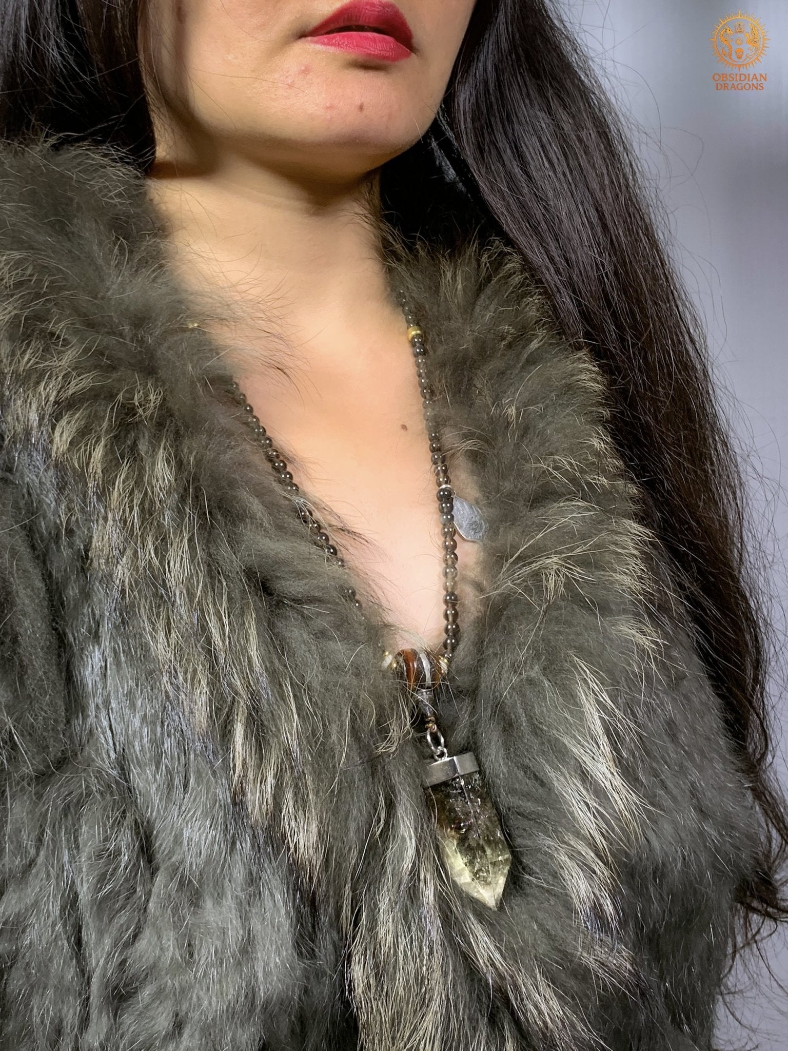 mala en obsidienne - Pointe de citrine - Protection Sak yant | obsidian dragons