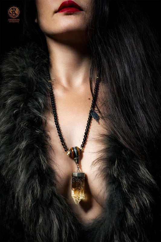mala en obsidienne - Pointe de citrine - Protection Sak yant - obsidian dragons