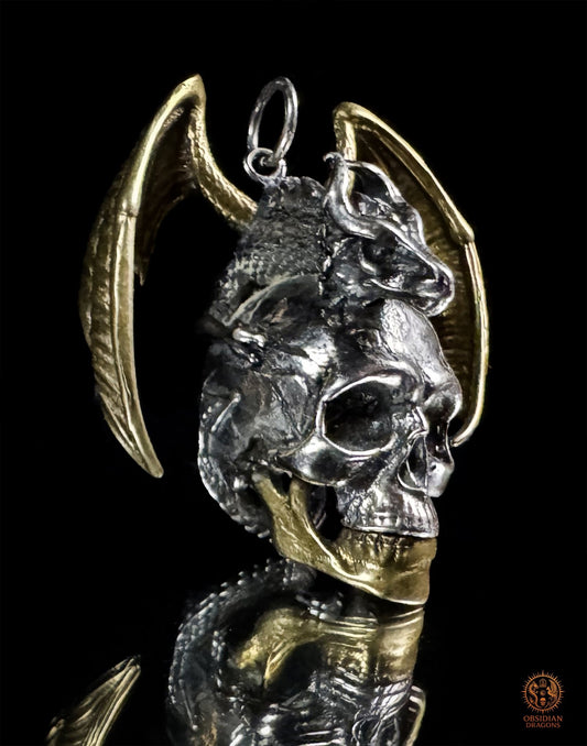 Pendentif crâne dragon en argent 925 - Talisman de puissance | obsidian dragons
