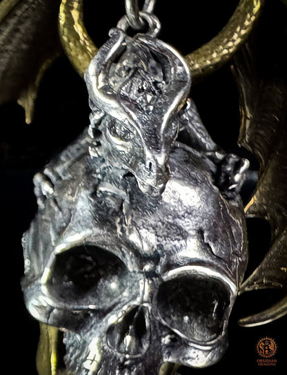 Pendentif crâne dragon en argent 925 - Talisman de puissance - obsidian dragons