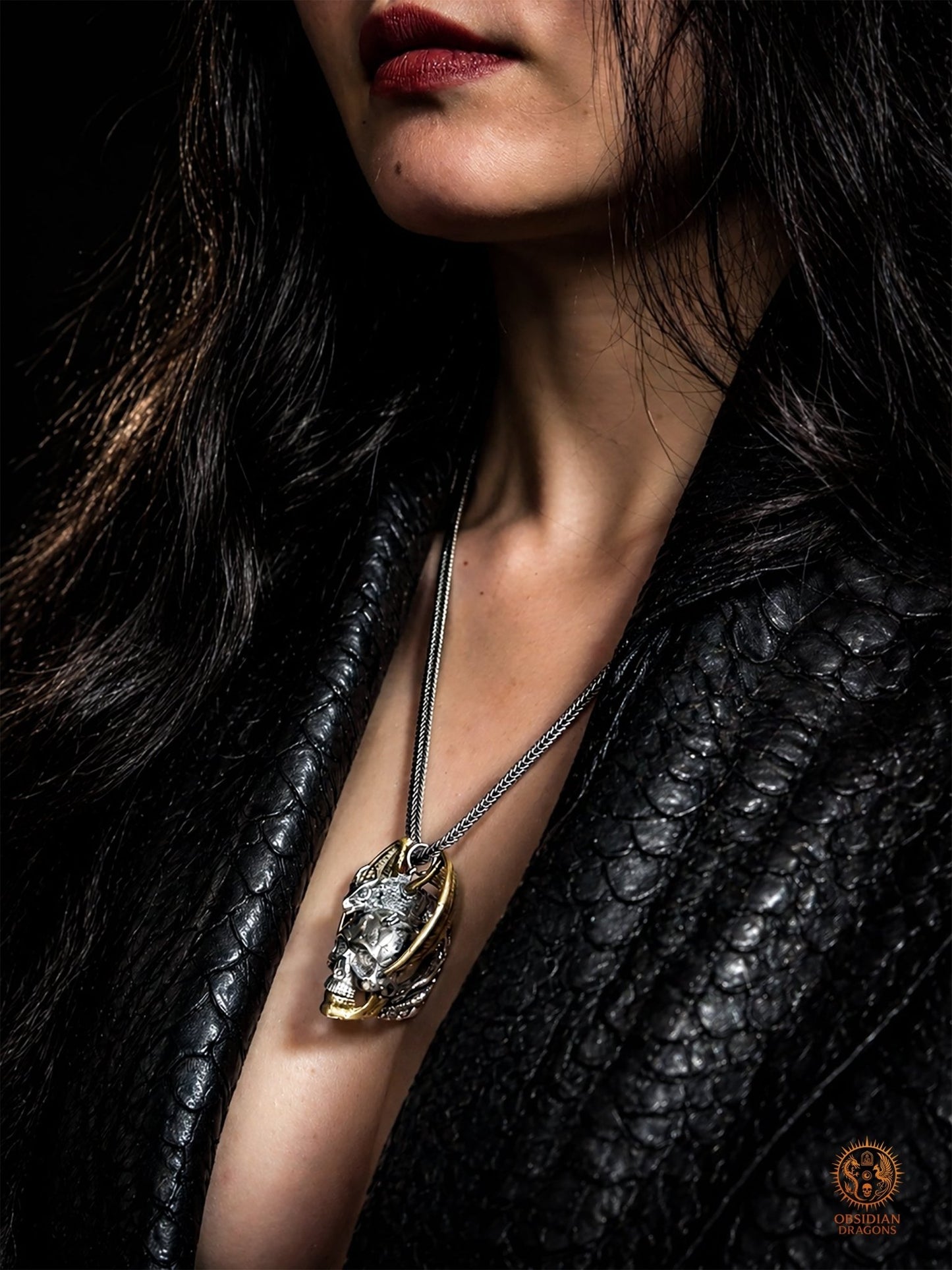 Pendentif crâne dragon en argent 925 - Talisman de puissance | obsidian dragons