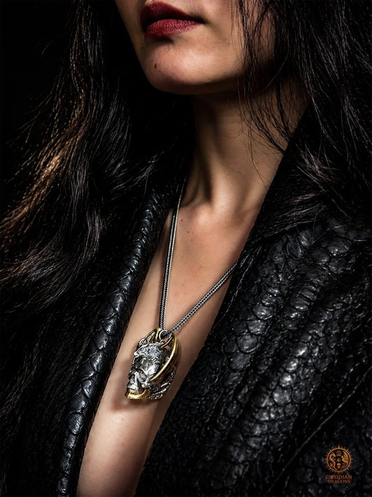 Pendentif crâne dragon en argent 925 - Talisman de puissance | obsidian dragons