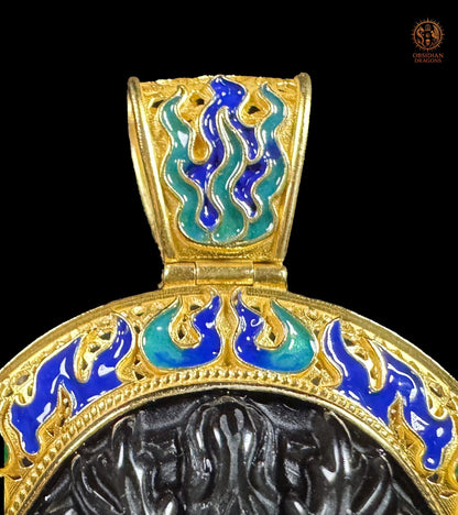 Bélière en vermeil ornée de flammes bleu-vert en émail cloisonné du Pendentif Dragon des Flammes en obsidienne