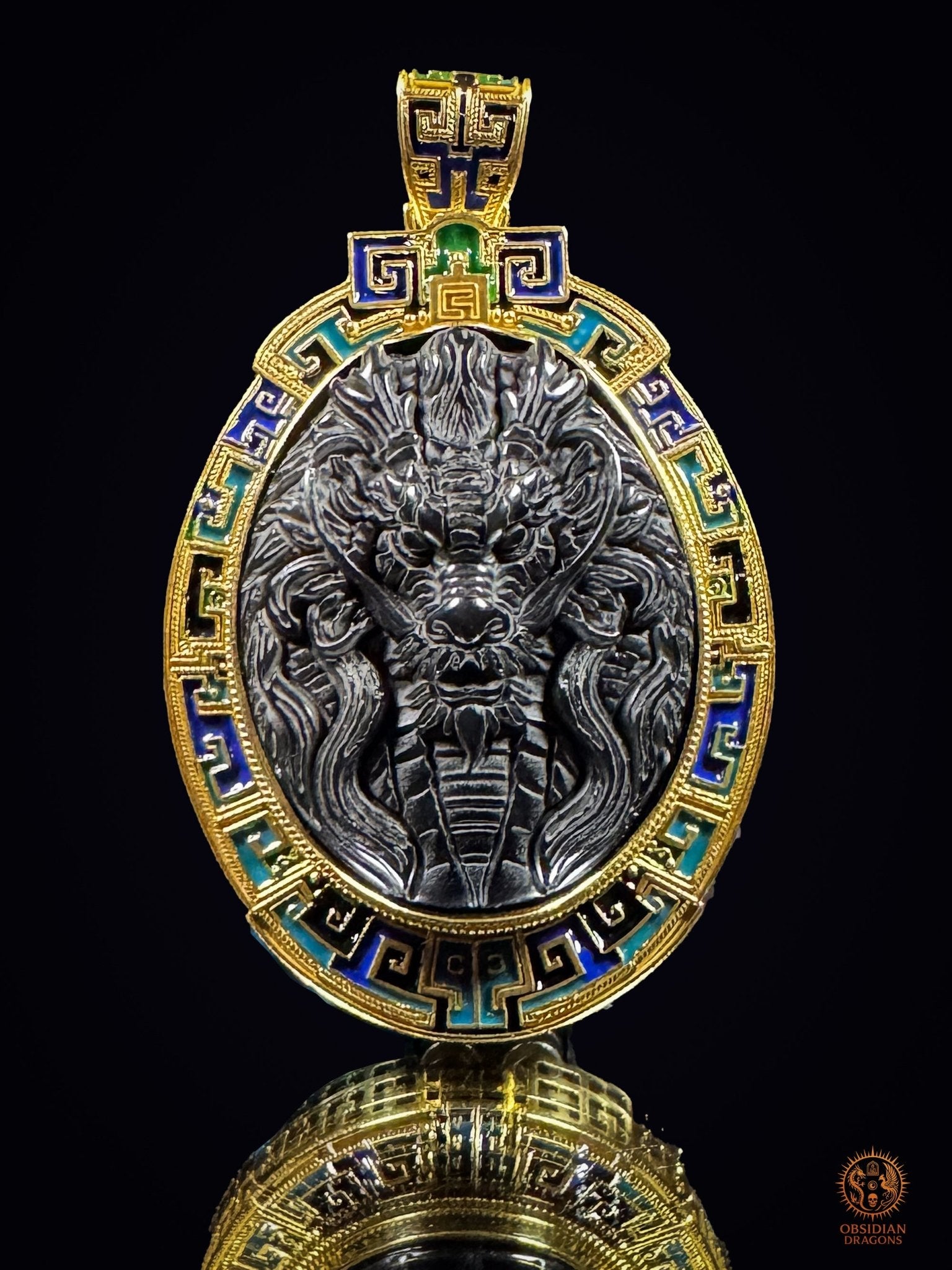 Pendentif Dragon du Tonnerre en obsidienne œil céleste, monture en vermeil et émail cloisonné Leiwen – Obsidian Dragons