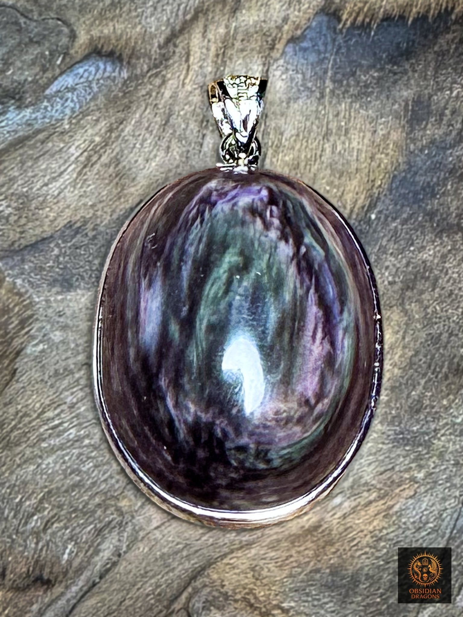 Pendentif obsidienne manto huichol serti en argent 925 - obsidian dragons