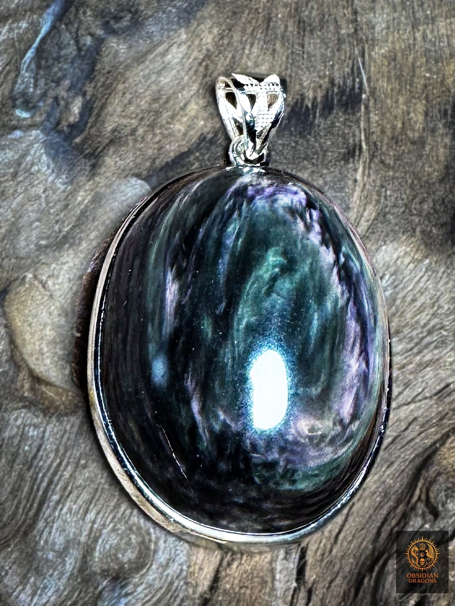 Pendentif obsidienne manto huichol serti en argent 925 - obsidian dragons