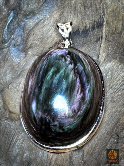 Pendentif obsidienne manto huichol serti en argent 925 - obsidian dragons