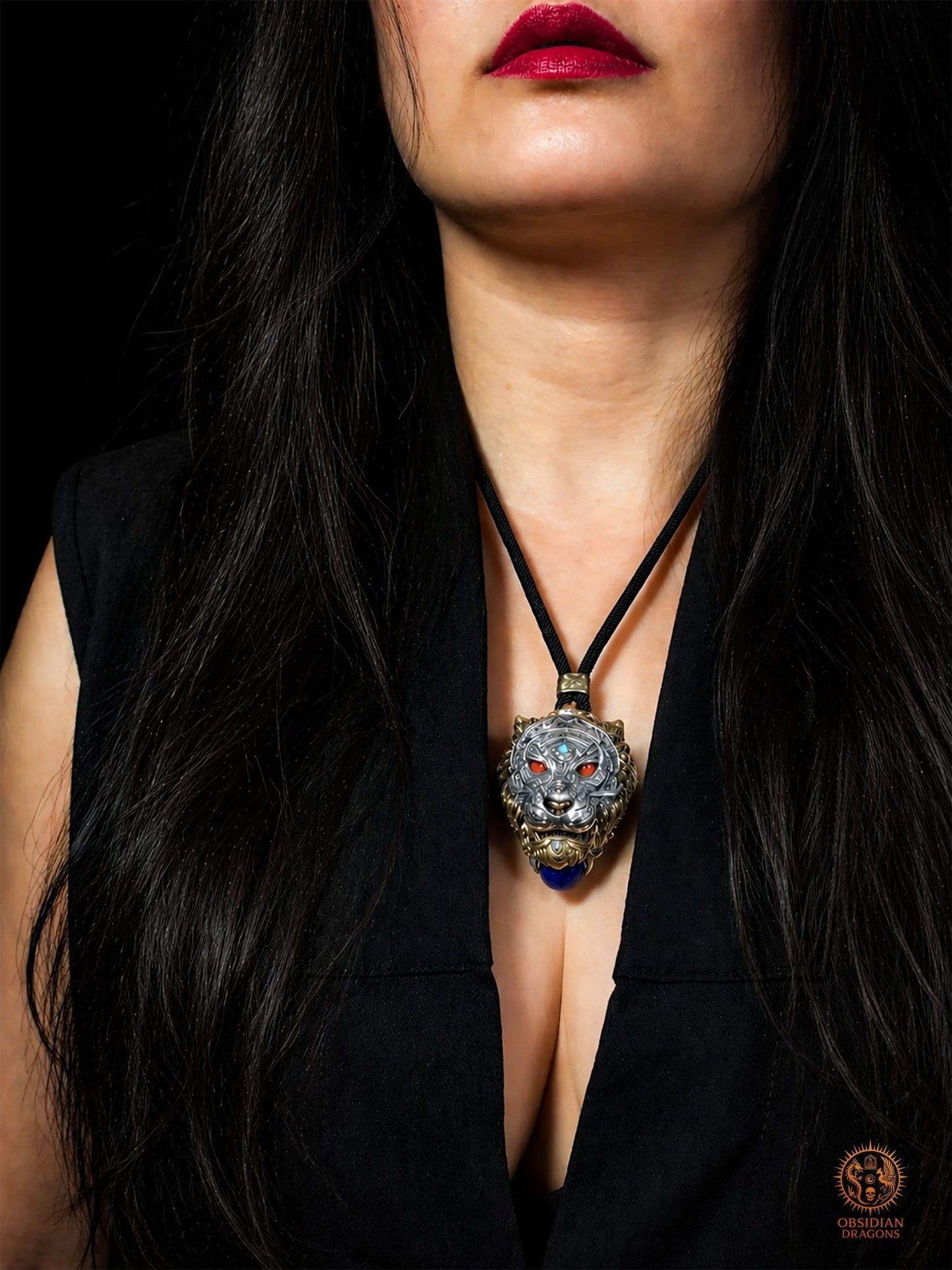 Pendentif tigre - Ghau de l'arhat dompteur - argent & Pierres - obsidian dragons