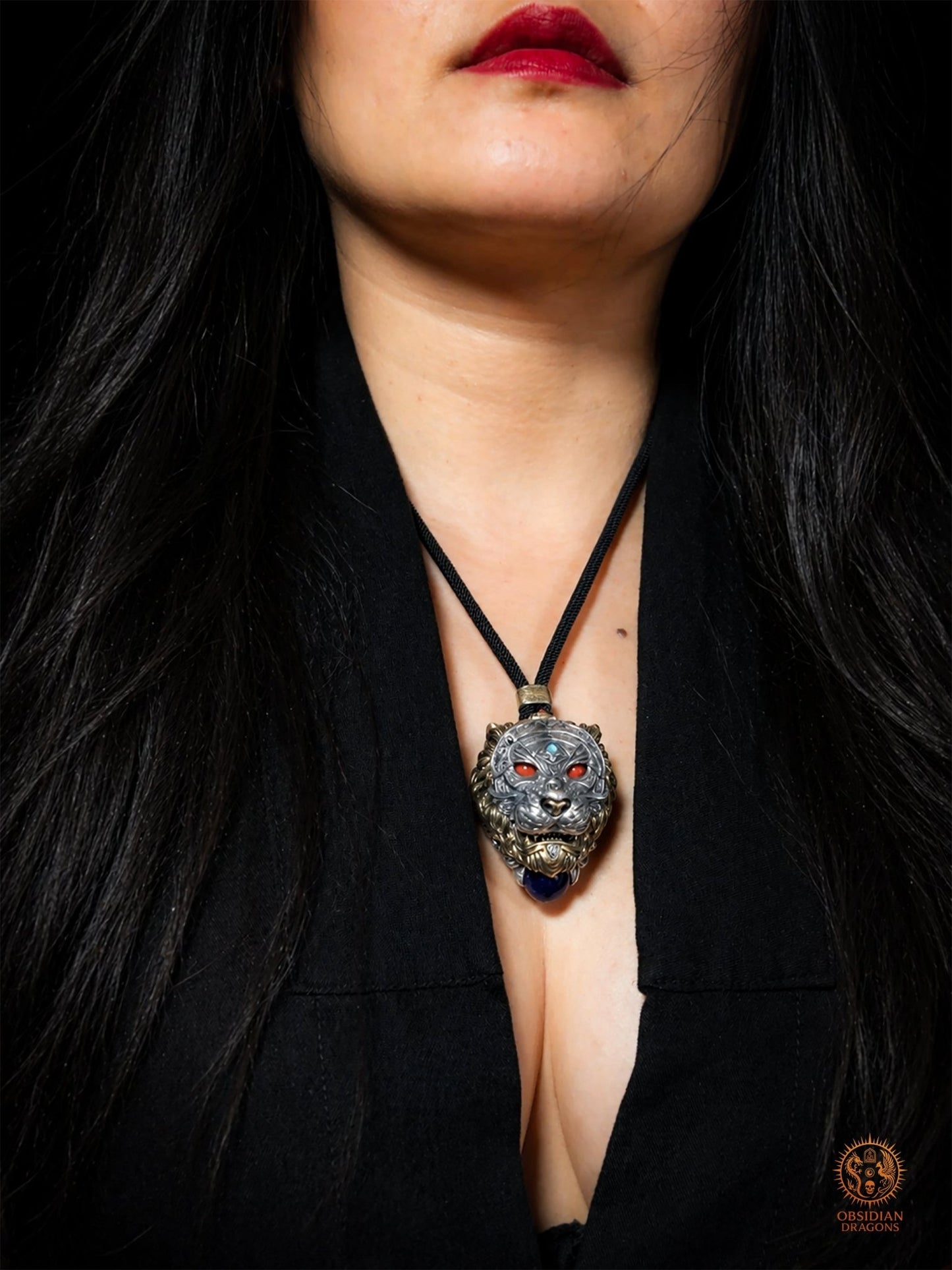 Pendentif tigre - Ghau de l'arhat dompteur - argent & Pierres - obsidian dragons