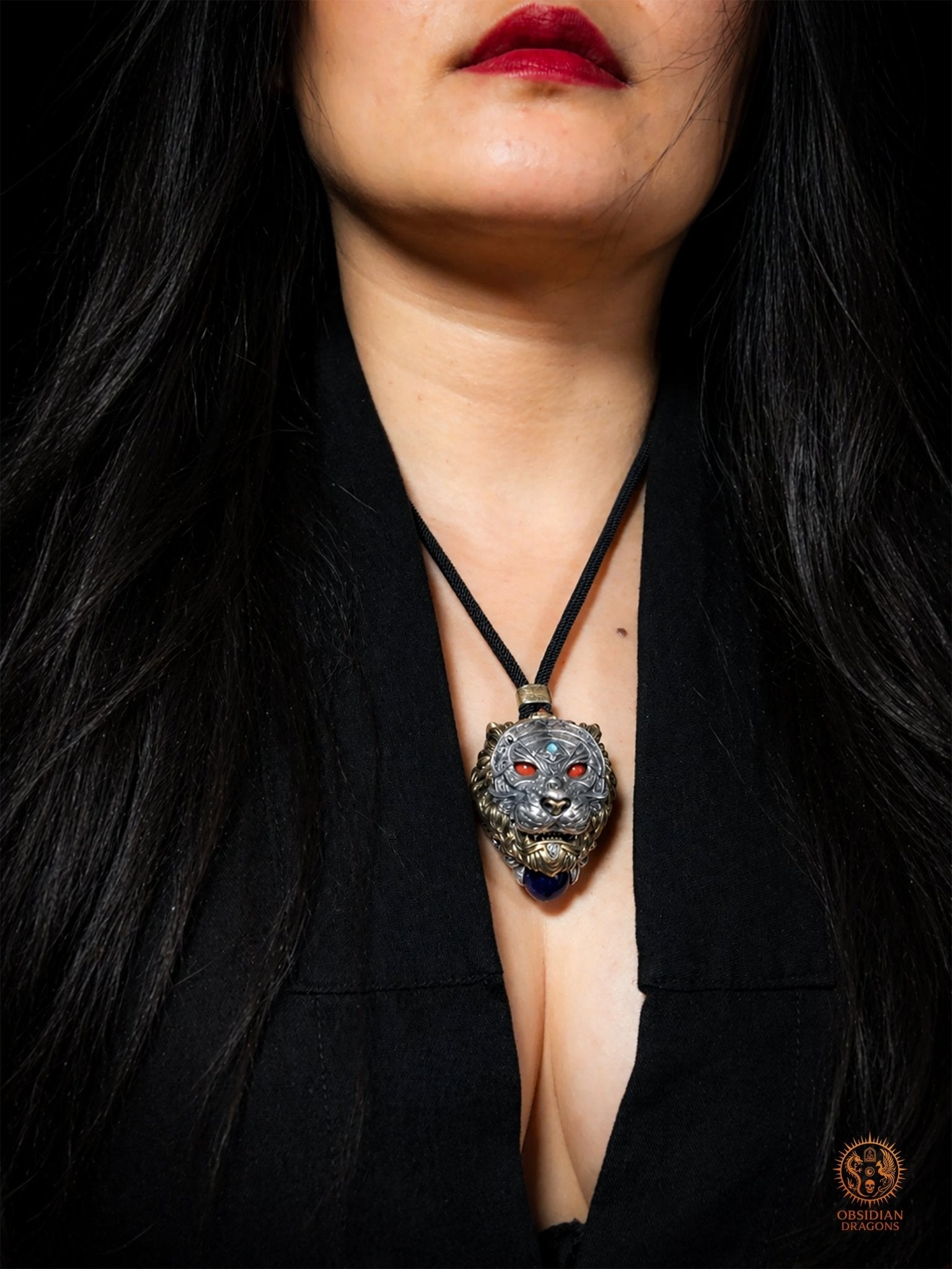 Pendentif tigre - Ghau de l'arhat dompteur - argent & Pierres - obsidian dragons