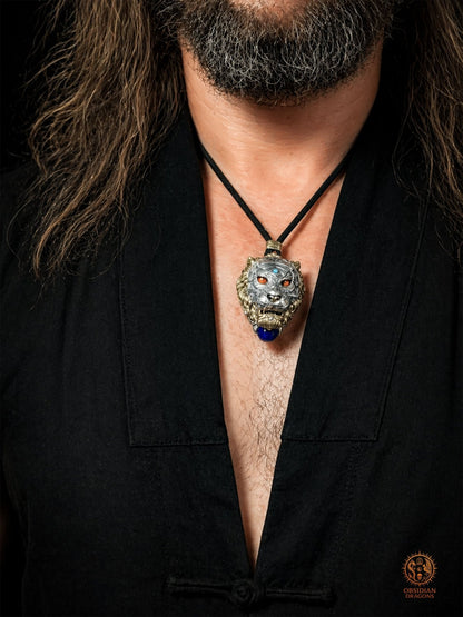 Pendentif tigre - Ghau de l'arhat dompteur - argent & Pierres - obsidian dragons