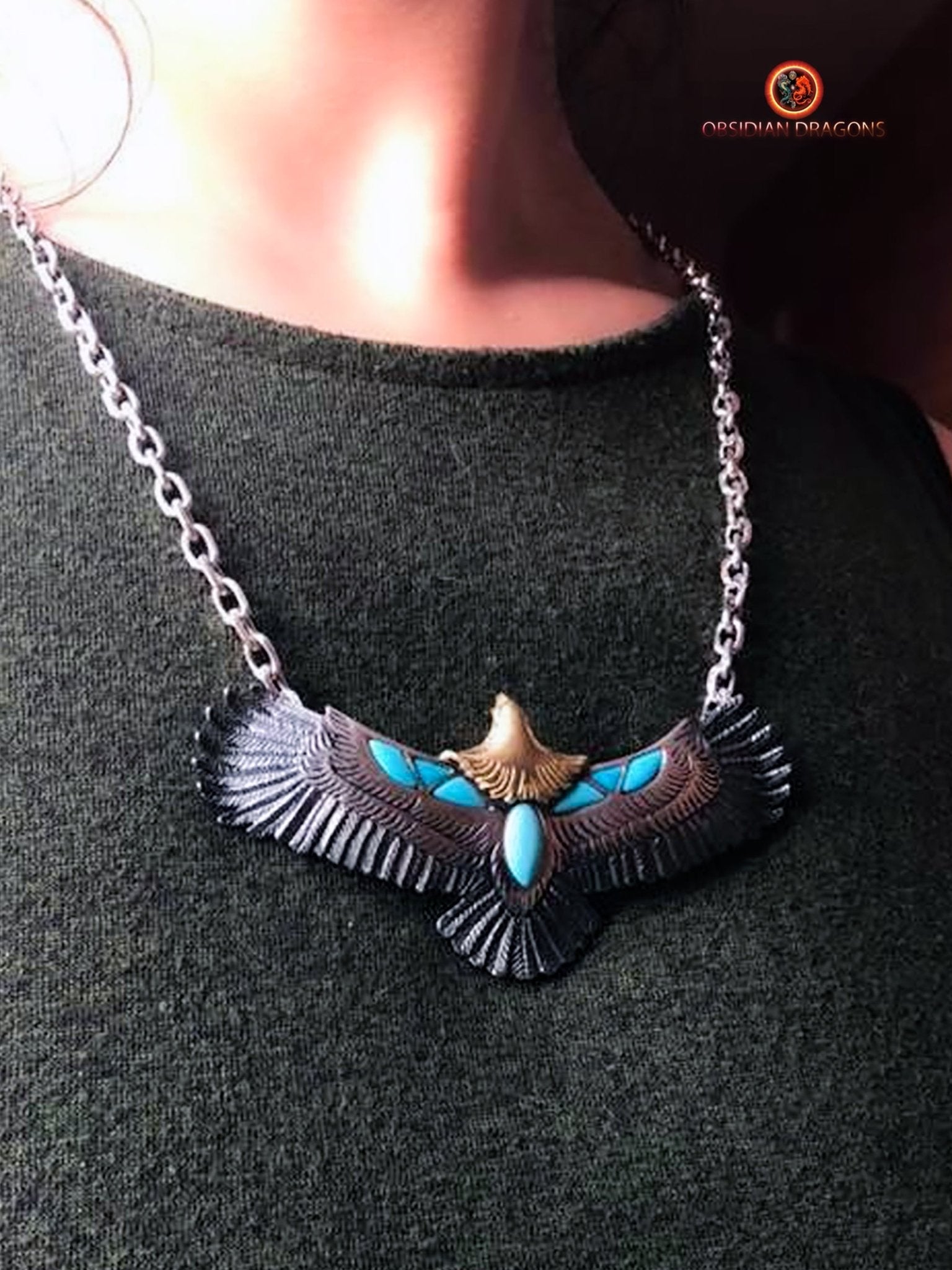 Pendentif Aigle- Totem Chamanique- Argent et turquoises | obsidian dragons