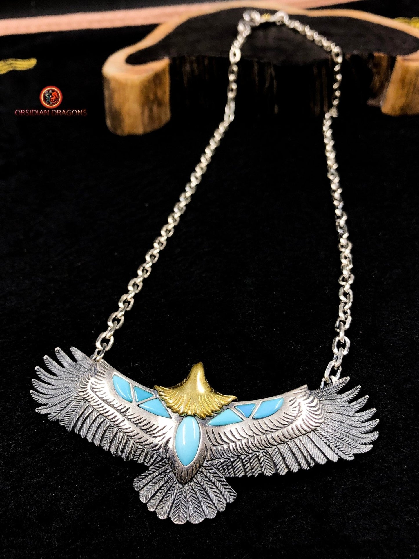 Pendentif Aigle- Totem Chamanique- Argent et turquoises | obsidian dragons