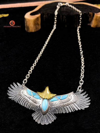 Pendentif Aigle- Totem Chamanique- Argent et turquoises | obsidian dragons