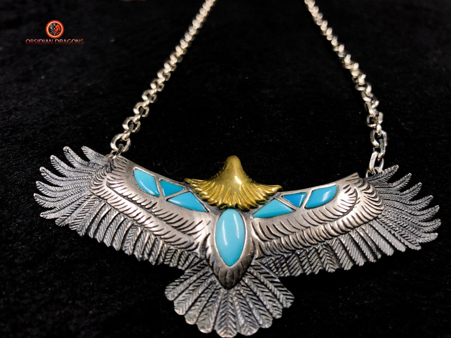 Pendentif Aigle- Totem Chamanique- Argent et turquoises | obsidian dragons