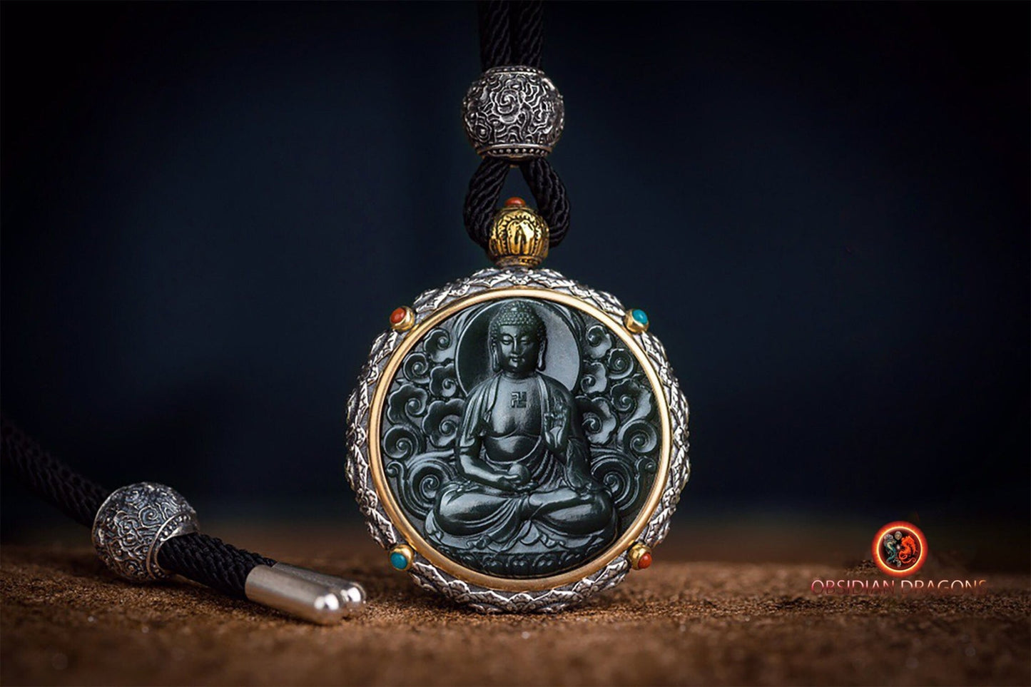 Pendentif Bouddha jade et argent- Amitabha | obsidian dragons