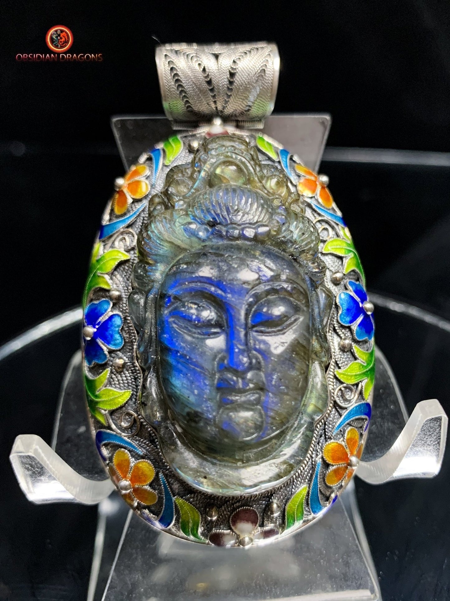 Pendentif Bouddha en Labradorite - Argent et Cloisonné | obsidian dragons