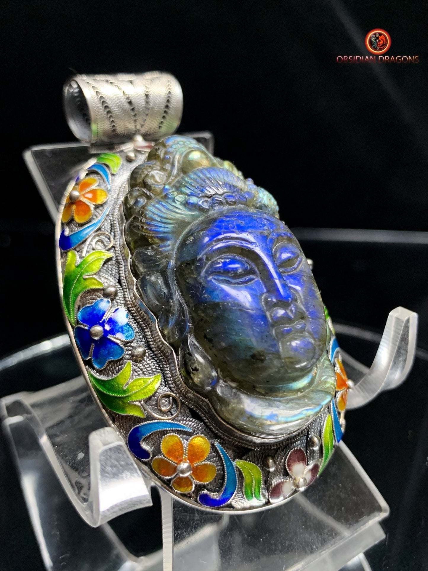 Pendentif Bouddha en Labradorite - Argent et Cloisonné | obsidian dragons