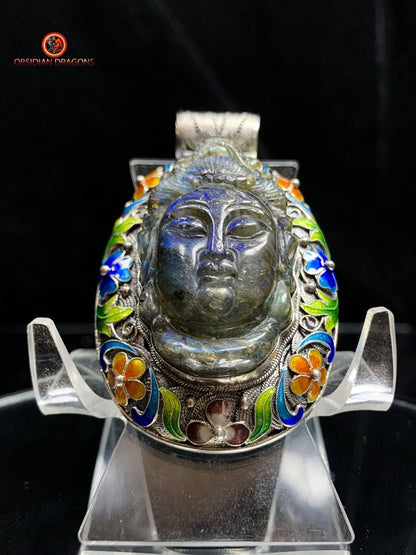 Pendentif Bouddha en Labradorite - Argent et Cloisonné | obsidian dragons