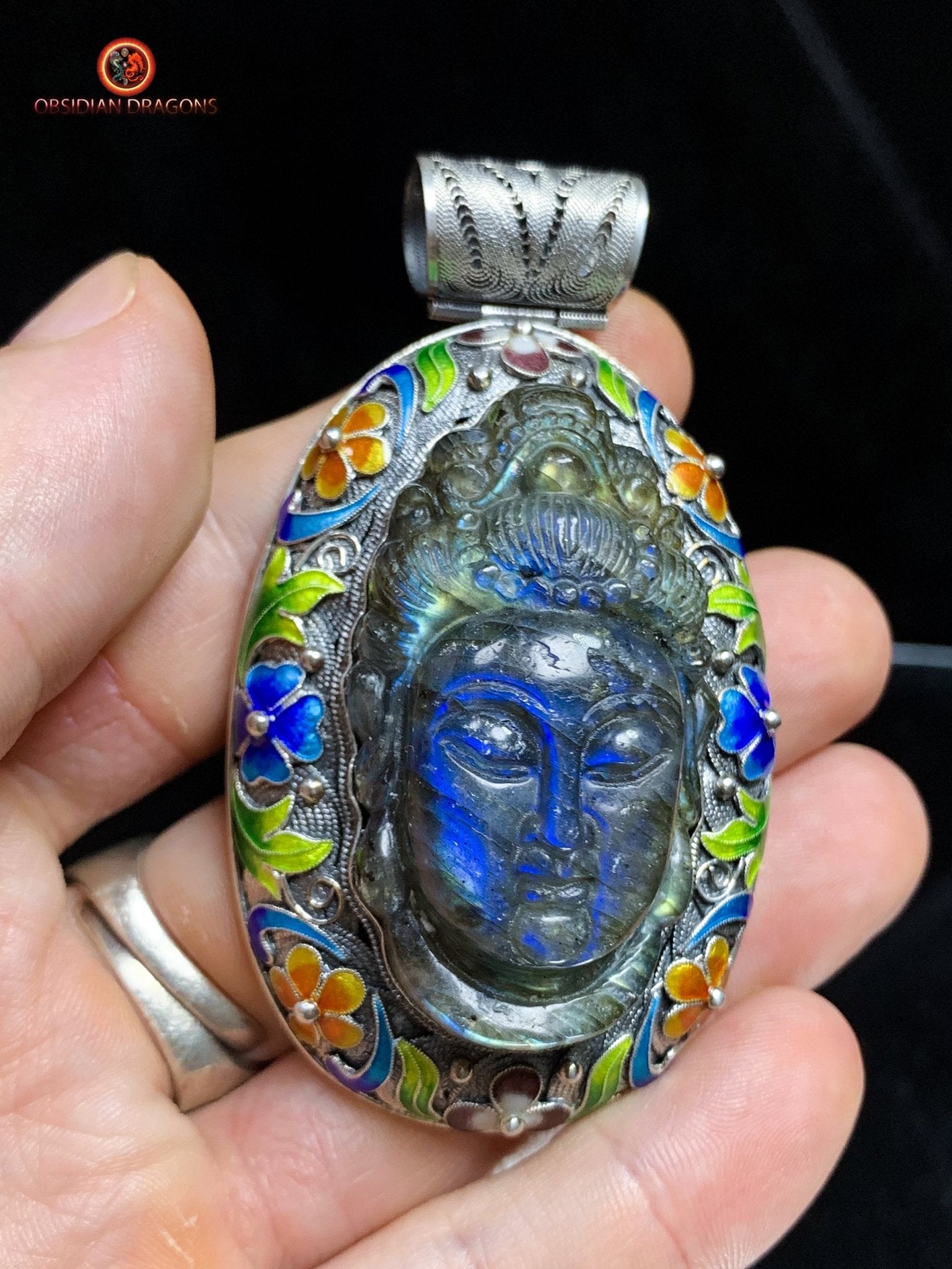 Pendentif Bouddha en Labradorite - Argent et Cloisonné | obsidian dragons