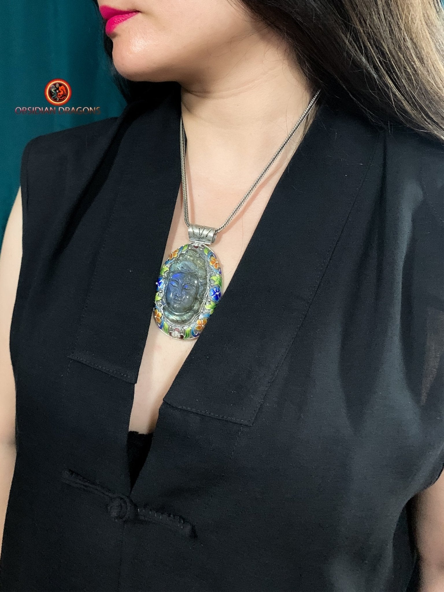 Pendentif Bouddha en Labradorite - Argent et Cloisonné | obsidian dragons