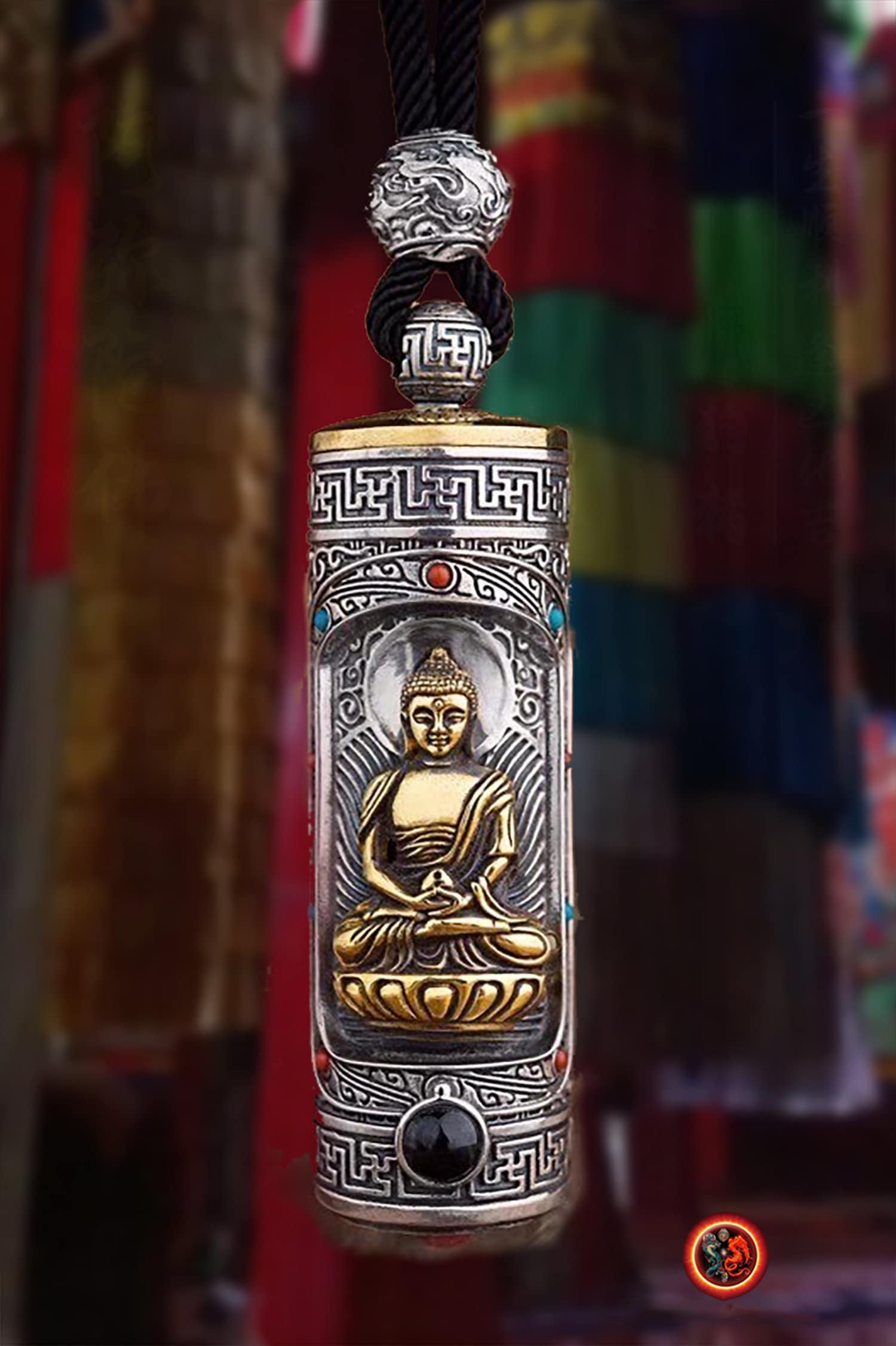 Pendentif Bouddha, amulette de protection bouddhiste, bouddha Amitabha. amulette tournante, sutra du coeur à l'intérieur. - obsidian dragon