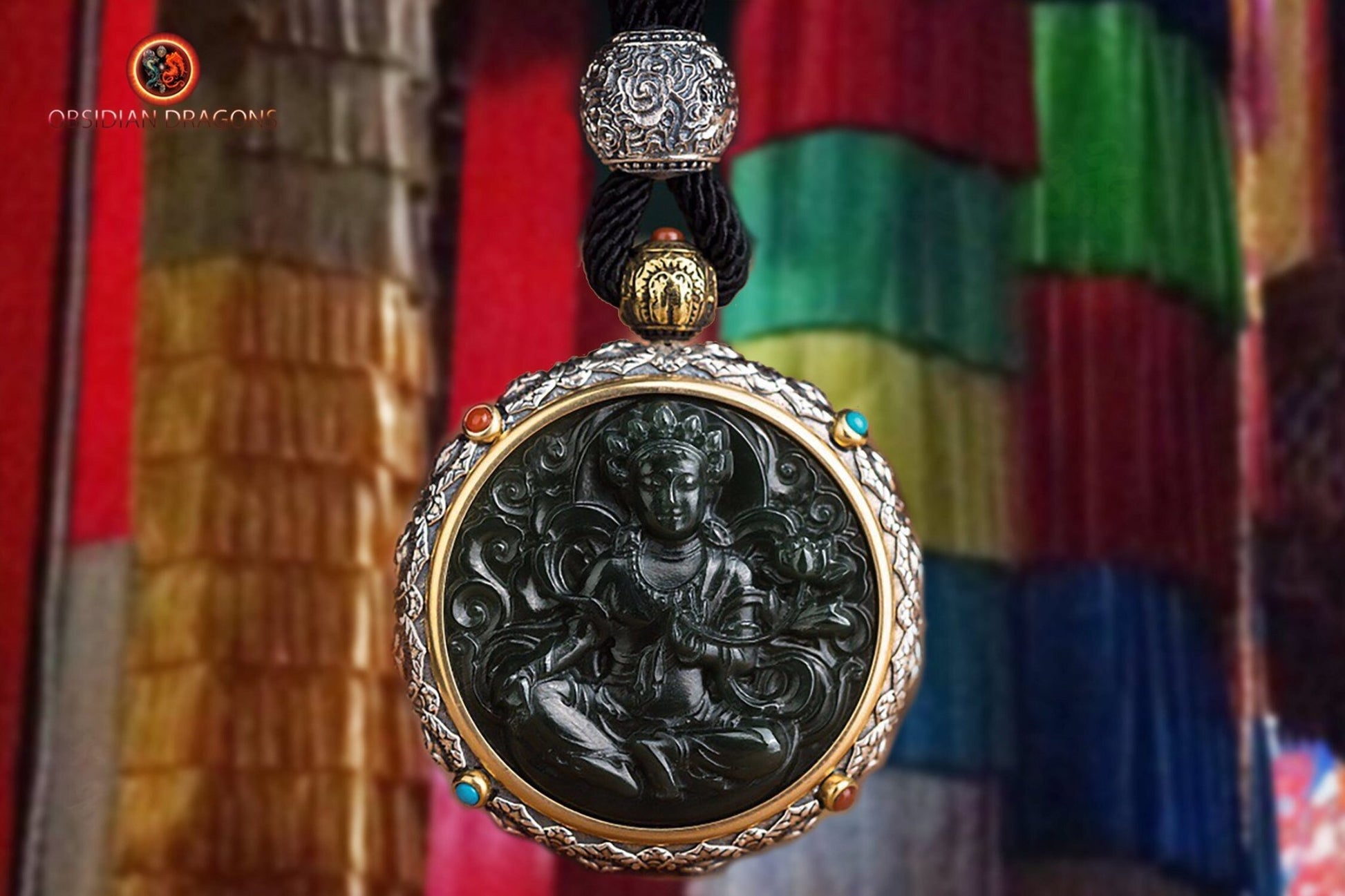 Pendentif Bouddha jade et argent- Tara verte | obsidian dragons