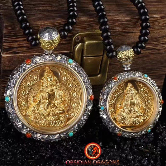 pendentif bouddha, amulette, ghau, gau . Déité de la richesse Jambhala bouddhisme vajrayana tibetain. Argent 925, plaqué or 24K, deux tailles disponibles - obsidian dragon