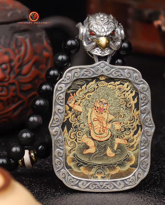 Pendentif Bouddha Acala. Tangka artisanal. Bélière Garuda. protection du bouddhisme tibétain - obsidian dragon