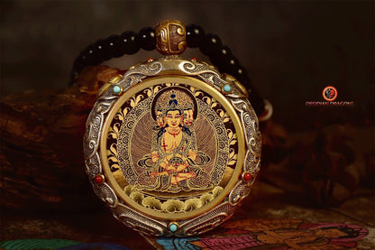Ghau- Pendentif Tangka exceptionnel- Bouddha Vairocana | obsidian dragons